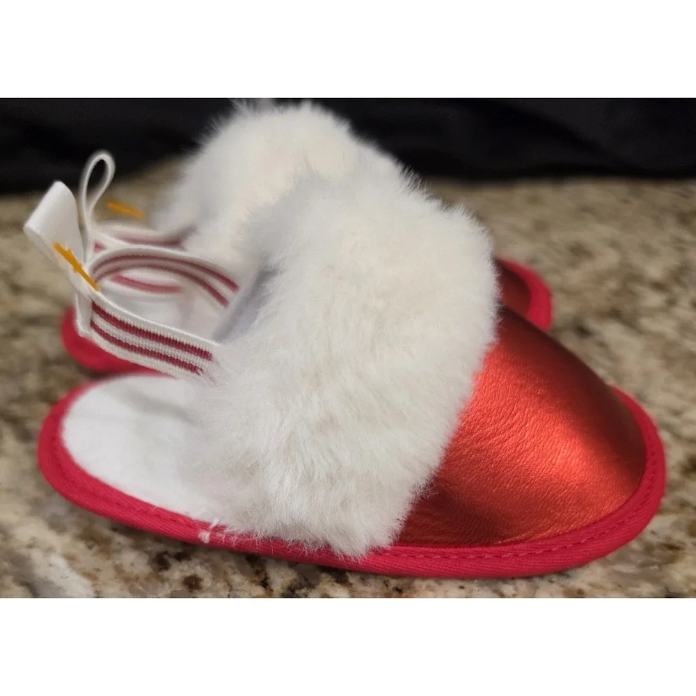 Carter's Child of Mine Baby Girl Slippers 3-6M Red Metallic White Faux Fur